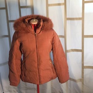 Anne Klein mauve puffer coat with fur lined hood
